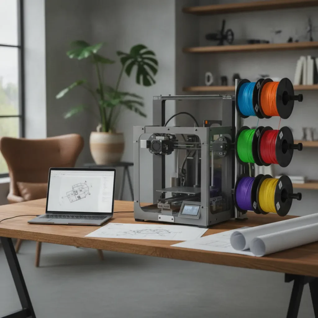 De geavanceerde Prusa CORE One Plus INDX 8-tool 3D-printer op een bureau in een professionele thuiswerkplek.