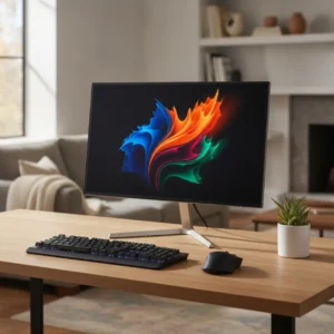 Een strakke OLED monitor op een bureau in een moderne thuiswerkplek, ideaal voor een productieve en comfortabele werkdag.