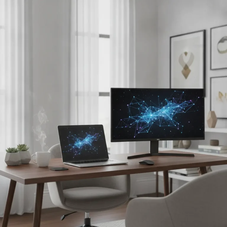 Een moderne thuiswerkplek met schermen die workflows visualiseren voor de vergelijking tussen Microsoft Power Automate en n8n.