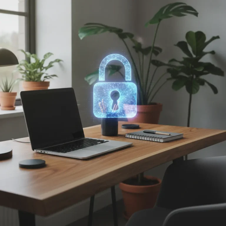 Een moderne en opgeruimde werkplek voor veilig en productief thuiswerken met Proton Mail.