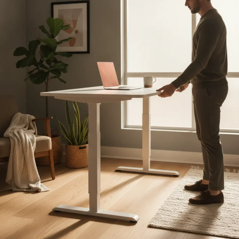 Een modern ergonomisch zit-sta bureau dat snel te monteren is zonder gereedschap in een stijlvol thuiskantoor.