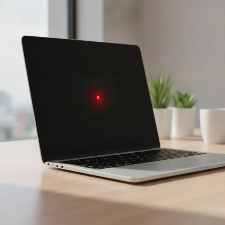 Een close-up van een laptop op een moderne thuiswerkplek waarop subtiel een oplichtende vastgelopen pixel te zien is.