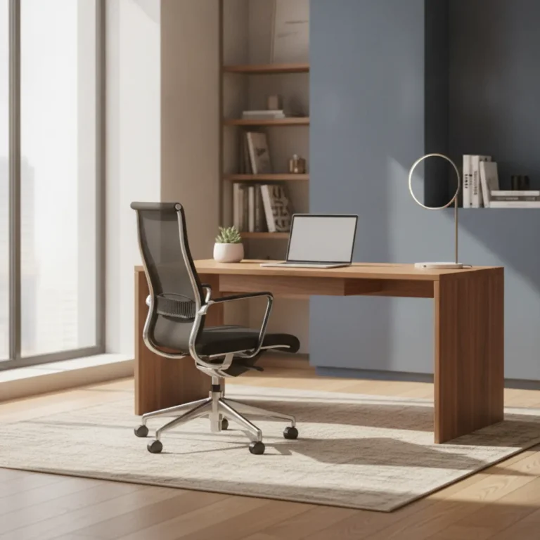 Een premium ergonomische bureaustoel in een moderne thuiswerkplek die optimale steun biedt tegen rugpijn.