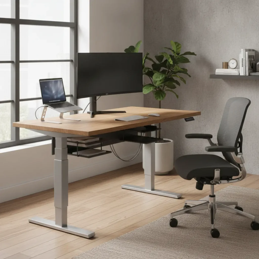 Een modern en sfeervol thuiskantoor met een stabiel dual-motor zit-sta bureau frame op stahoogte.