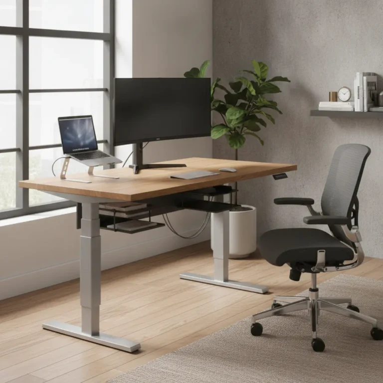 Een modern en sfeervol thuiskantoor met een stabiel dual-motor zit-sta bureau frame op stahoogte.