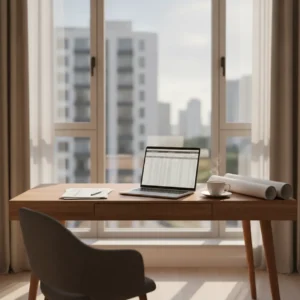 Een modern thuiskantoor in een appartement waar een zzp'er de nieuwe regels voor btw-aftrek via de VvE toepast.