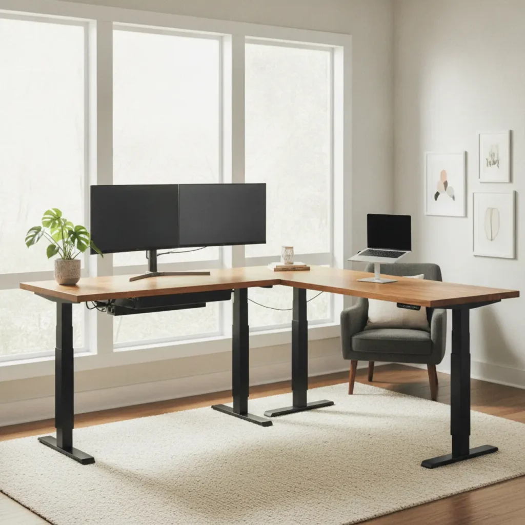 Een modern L-vormig diy zit-sta bureau frame met een houten bureaublad in een stijlvolle en ergonomische thuiswerkplek.