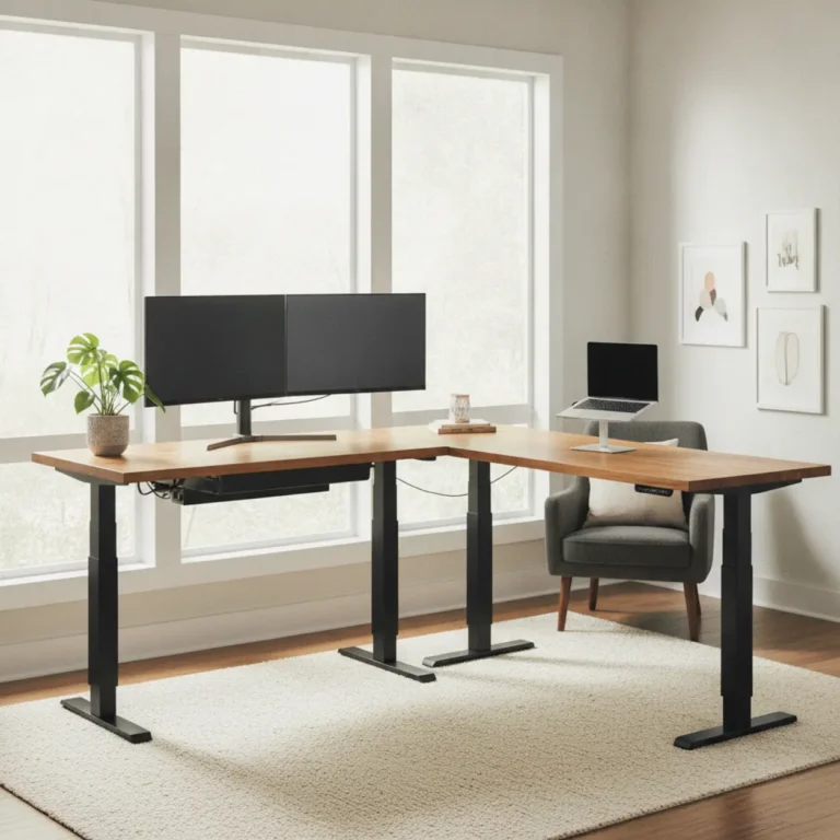Een modern L-vormig diy zit-sta bureau frame met een houten bureaublad in een stijlvolle en ergonomische thuiswerkplek.