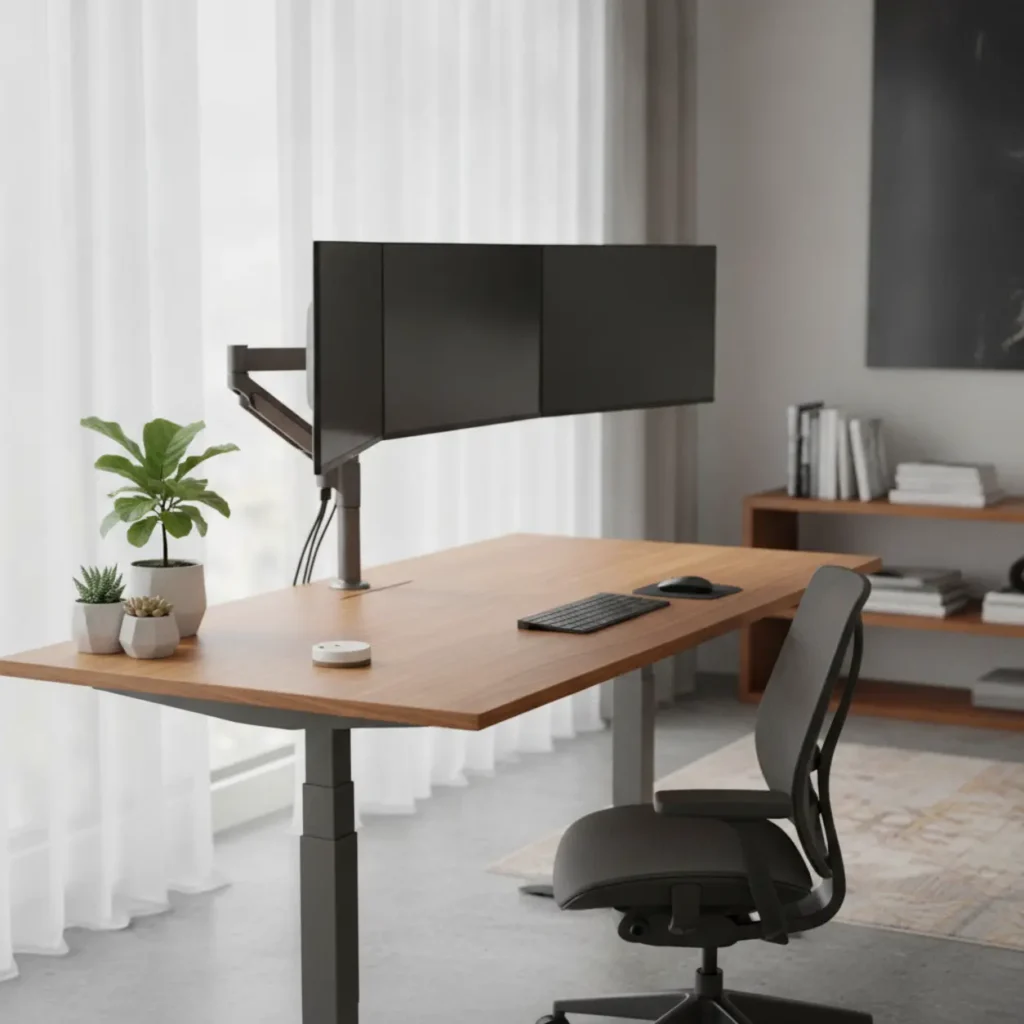 Een modern zit-sta bureau in een thuiswerkplek, voorzien van een ergonomische driedubbele monitorarm met drie schermen.