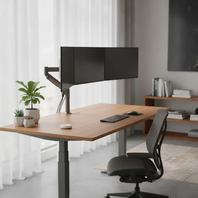 Een modern zit-sta bureau in een thuiswerkplek, voorzien van een ergonomische driedubbele monitorarm met drie schermen.