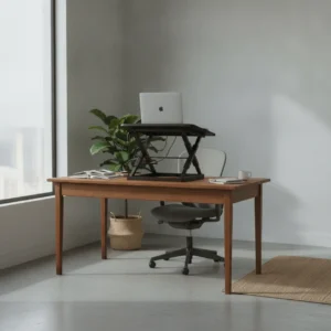 De FlexiSpot ML2 GoRiser bureauverhoger met een laptop in een modern thuiskantoor.