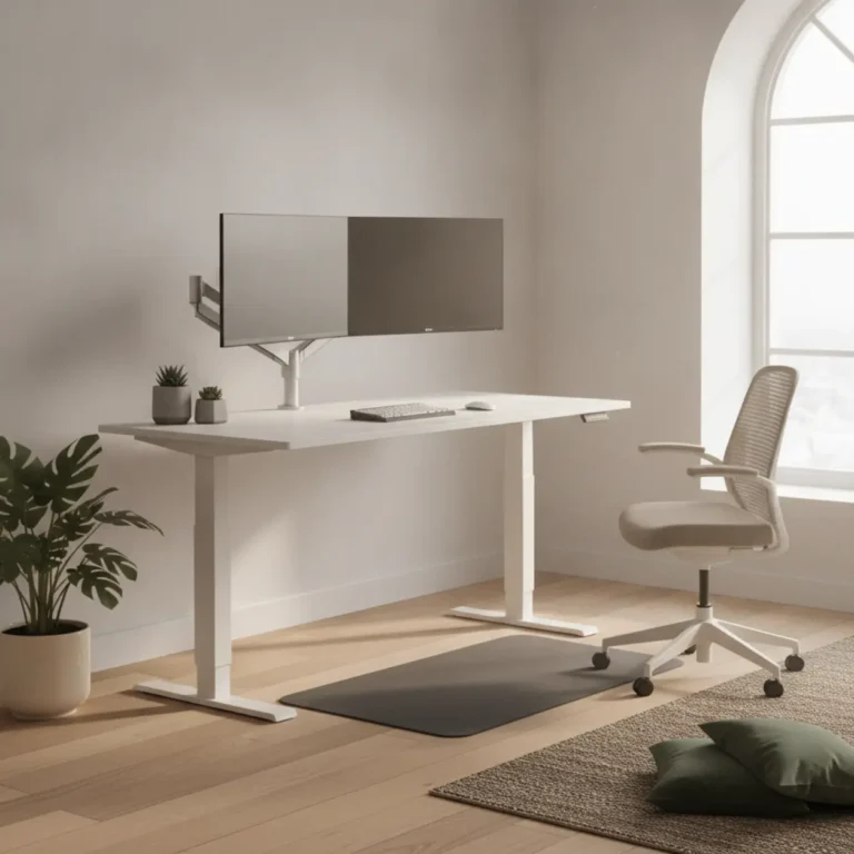 Een modern en betaalbaar zit-sta bureau in een ergonomisch ingerichte thuiswerkplek.