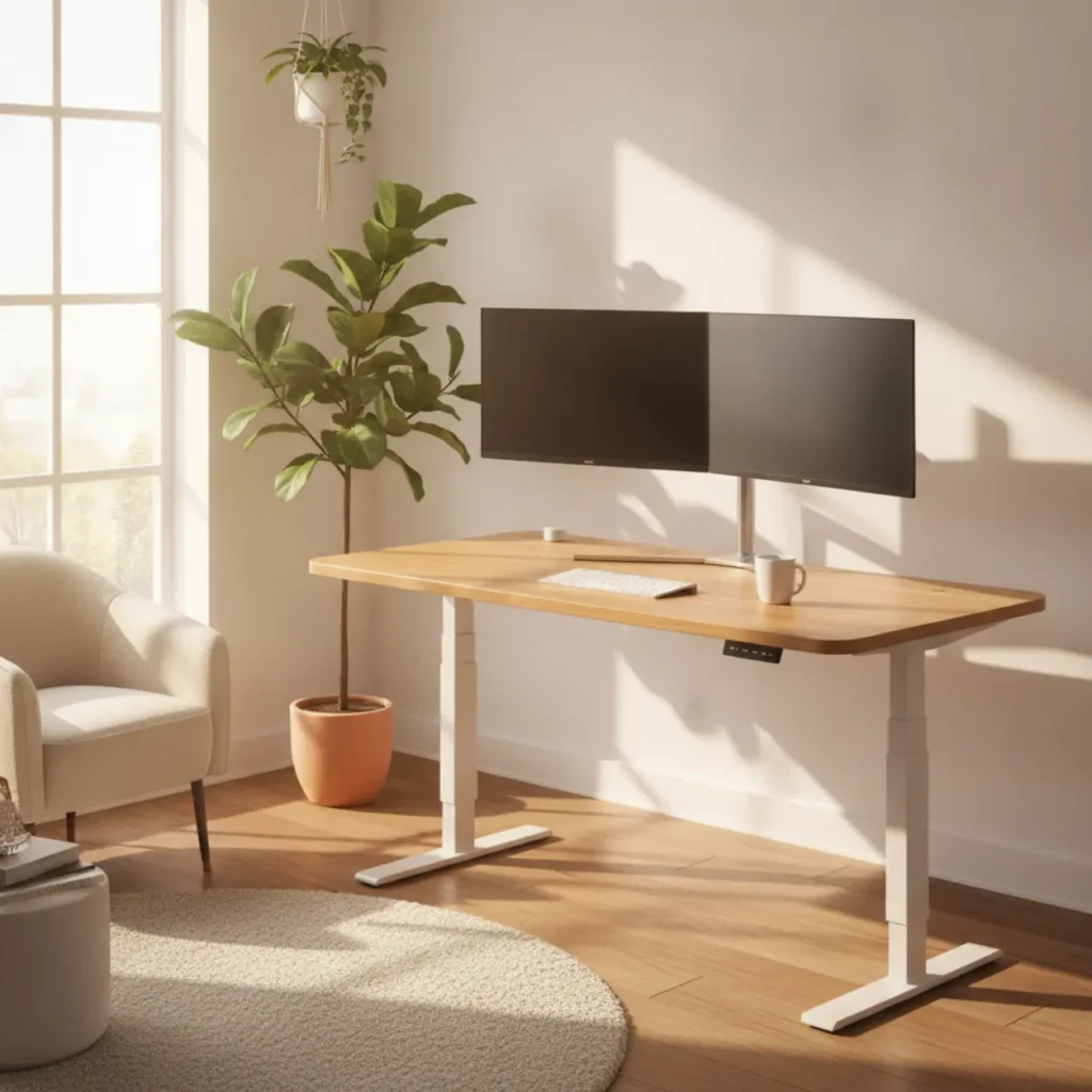 Een stijlvol thuiskantoor met het premium iMovR Energize zit sta bureau ingesteld op stahoogte.