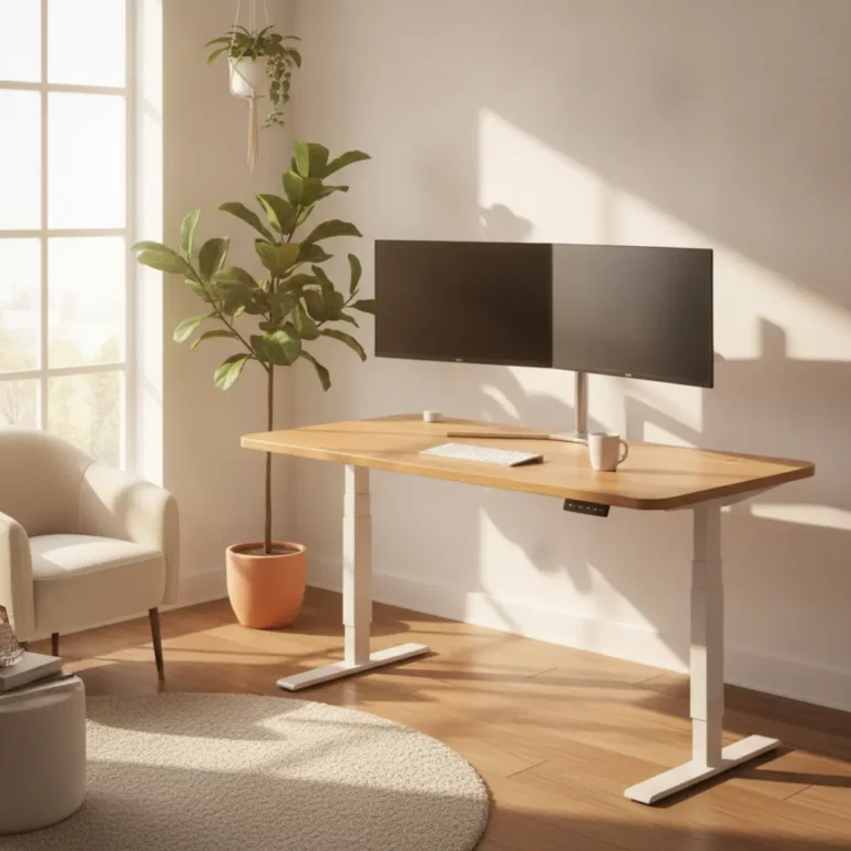 Een stijlvol thuiskantoor met het premium iMovR Energize zit sta bureau ingesteld op stahoogte.