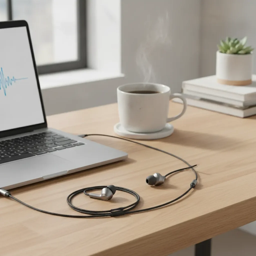 Een set nieuwe Bose bedrade oordopjes aangesloten op een laptop in een modern thuiskantoor.