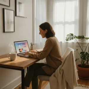 Een freelancer werkt in een modern thuiskantoor aan de laptop om een professionele website te lanceren.