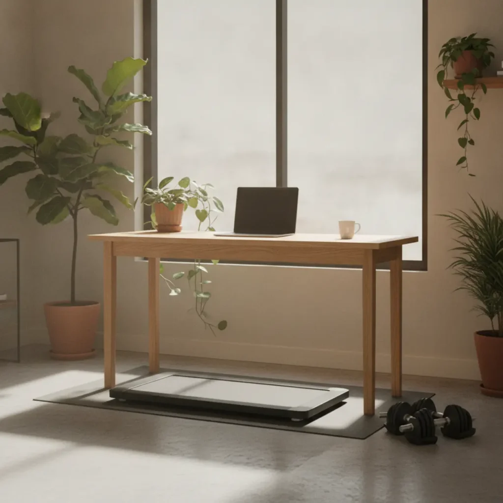 Een moderne thuiswerk gym inrichting met een sta-bureau, wandelband en compacte dumbbells in een lichte ruimte.