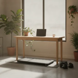 Een moderne thuiswerk gym inrichting met een sta-bureau, wandelband en compacte dumbbells in een lichte ruimte.