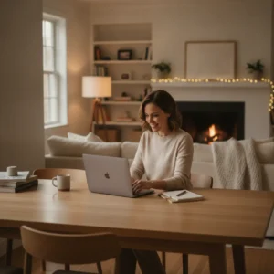 Een ontspannen professional klapt de laptop dicht na het thuiswerken om een goede werk-privébalans te bewaken.