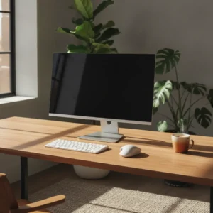 Een moderne thuiswerkplek met een grote Samsung monitor op een opgeruimd bureau.