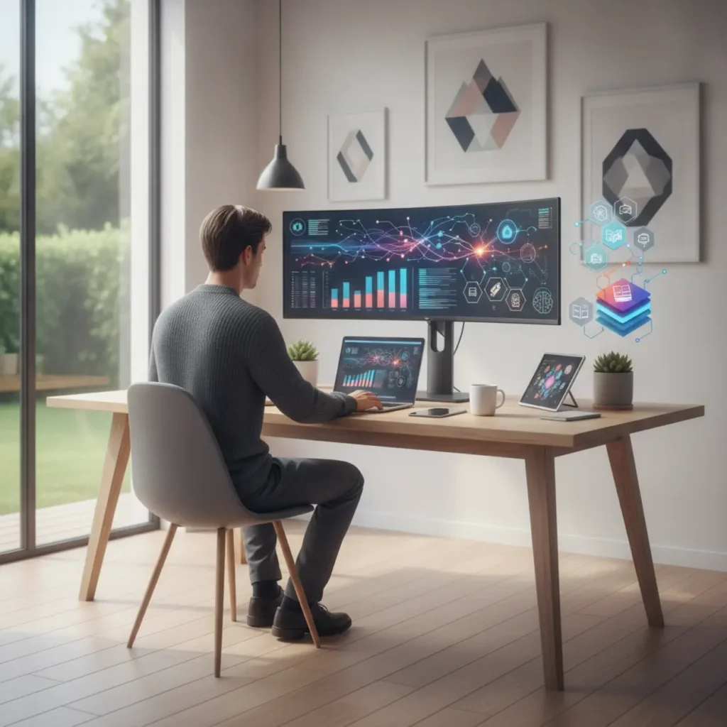 Een professional die thuiswerkt en een digitaal leertraject volgt op een beeldscherm
