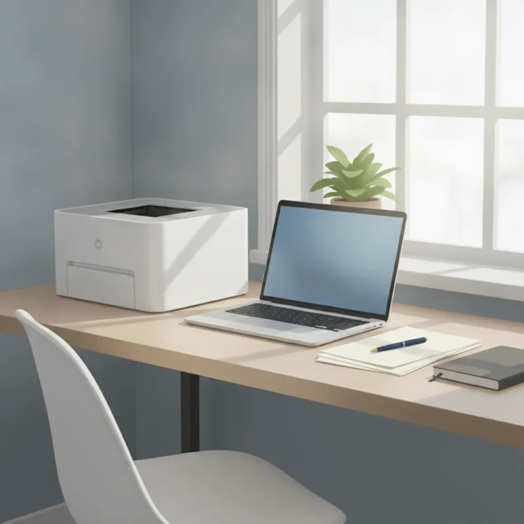 Een moderne thuiswerkplek met een all-in-one printer op een bureau