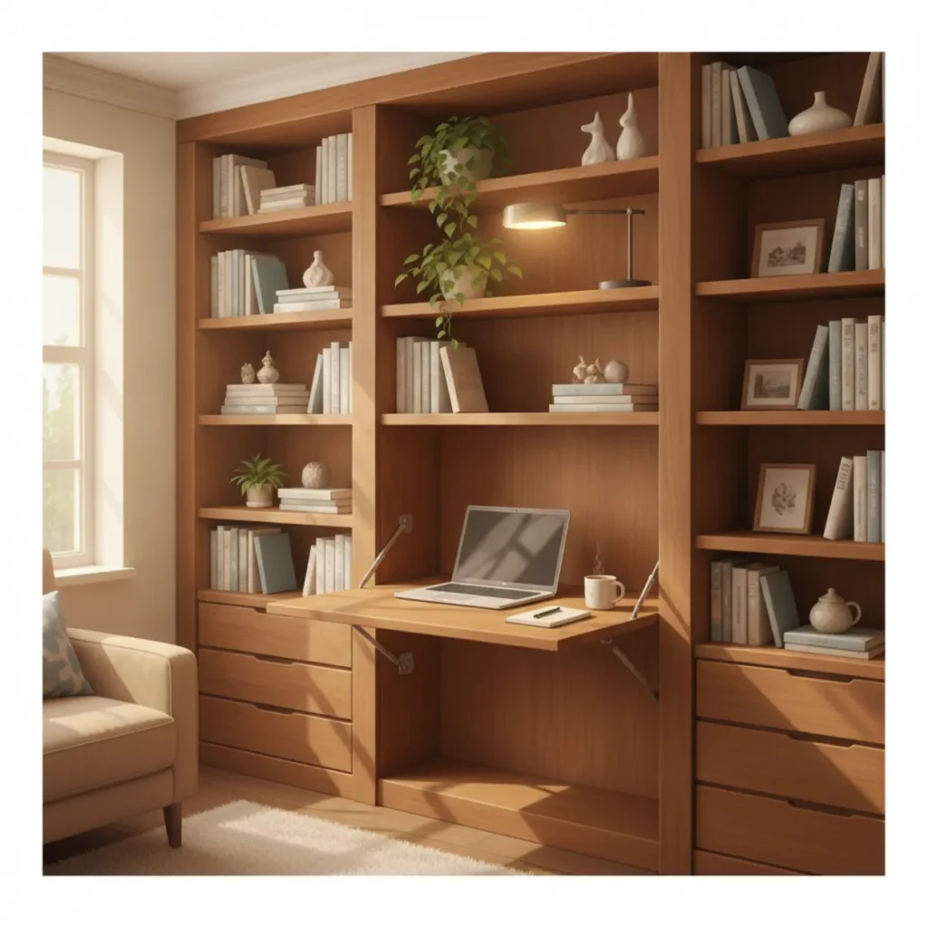 Een thuiswerkplek geïntegreerd in een hoge houten boekenkast met een uitklapbaar bureaublad