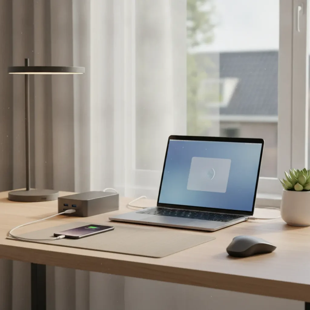 Een opgeruimd bureau met een compacte desktop lader die meerdere apparaten tegelijk van stroom voorziet.