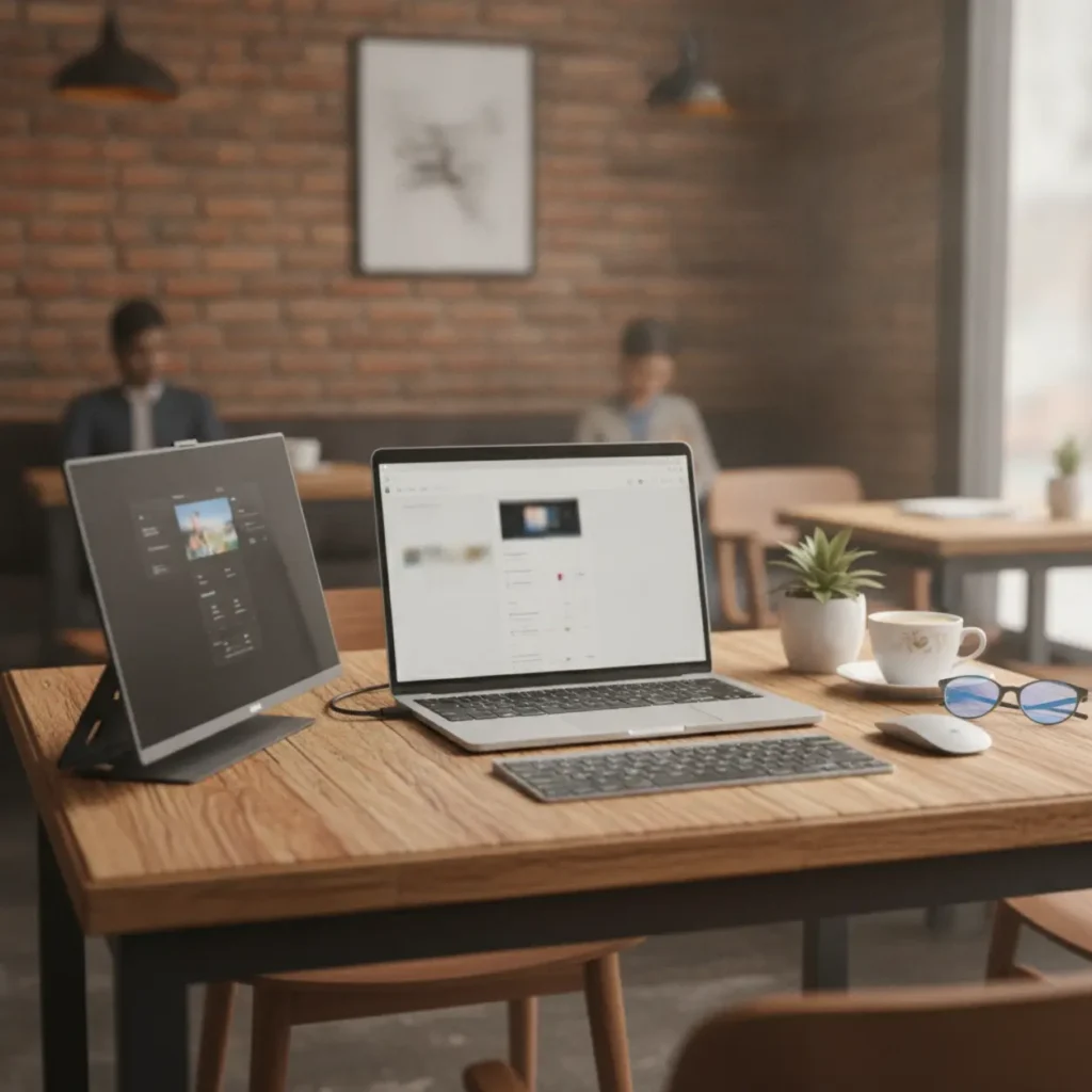 Een laptop aangesloten op een draagbare monitor op een flexibele werkplek.