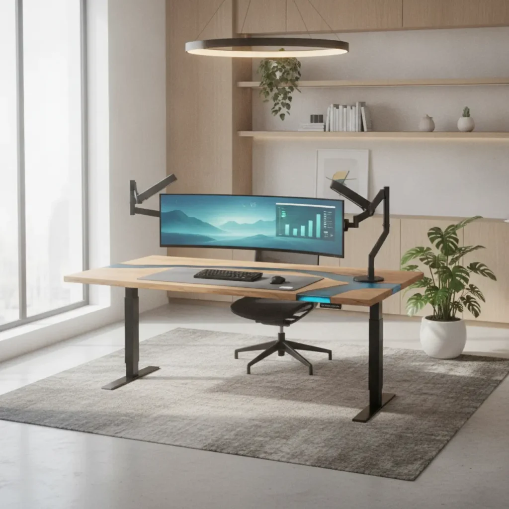 Een modern in hoogte verstelbaar bureau met een houten en epoxy tafelblad in een thuiskantoor.