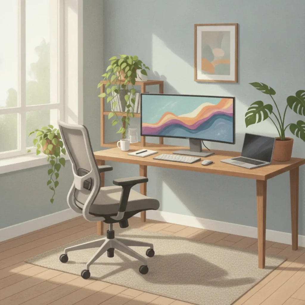 Een moderne ergonomische bureaustoel in een professionele thuiswerkplek.