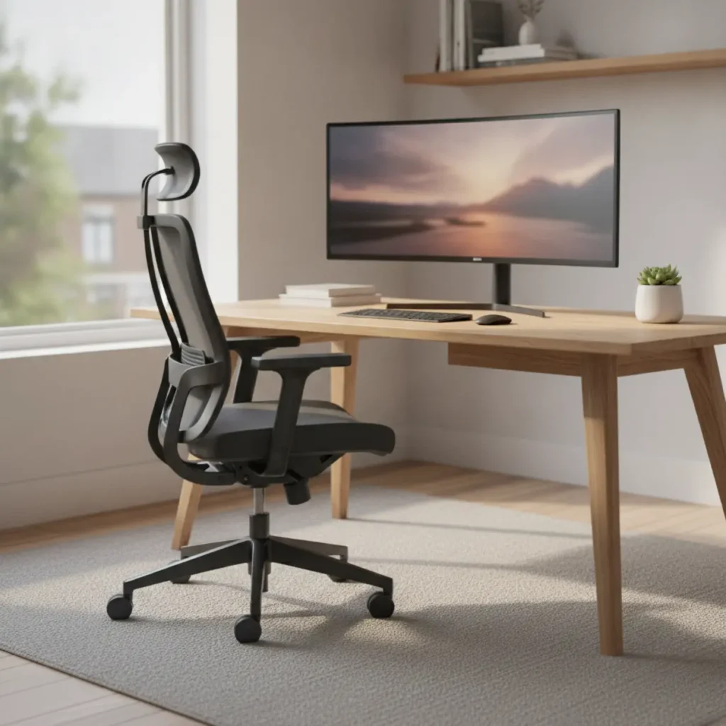 Een moderne ergonomische bureaustoel in een lichte thuiswerkplek