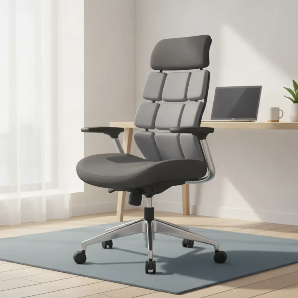 Een moderne ergonomische bureaustoel in een lichte thuiswerkplek