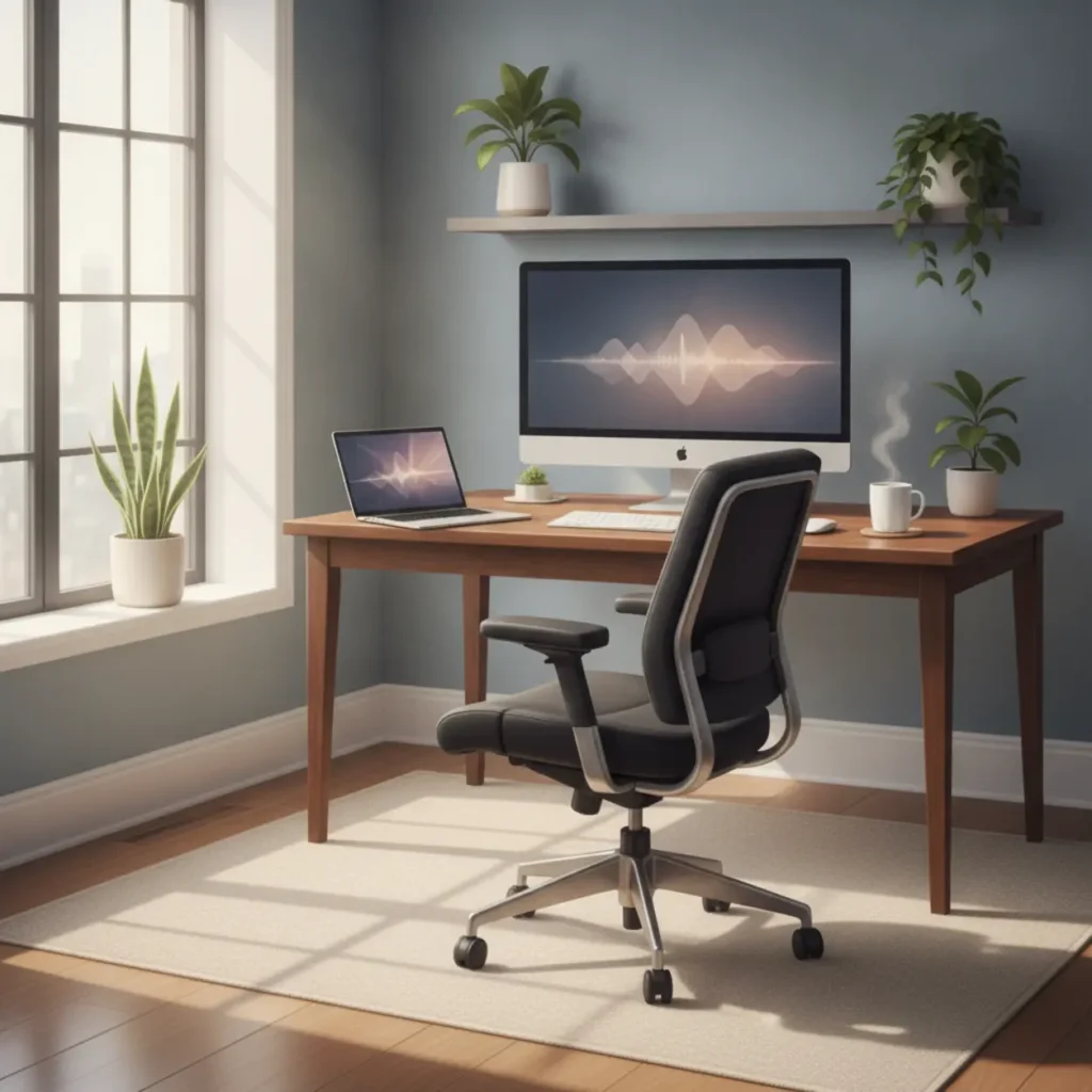 Een moderne thuiswerkplek met een hoogwaardige ergonomische bureaustoel aan een bureau