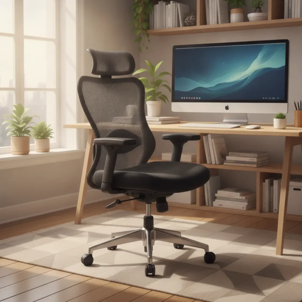 Een moderne ergonomische bureaustoel in een lichte thuiswerkplek.