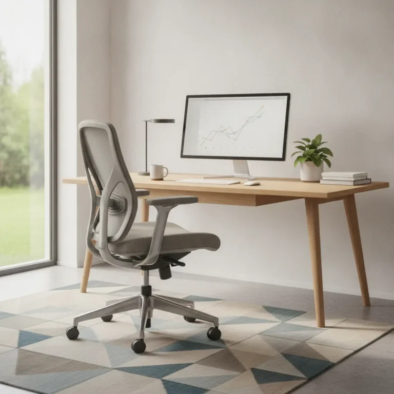 Een moderne ergonomische bureaustoel in een professionele thuiswerkplek