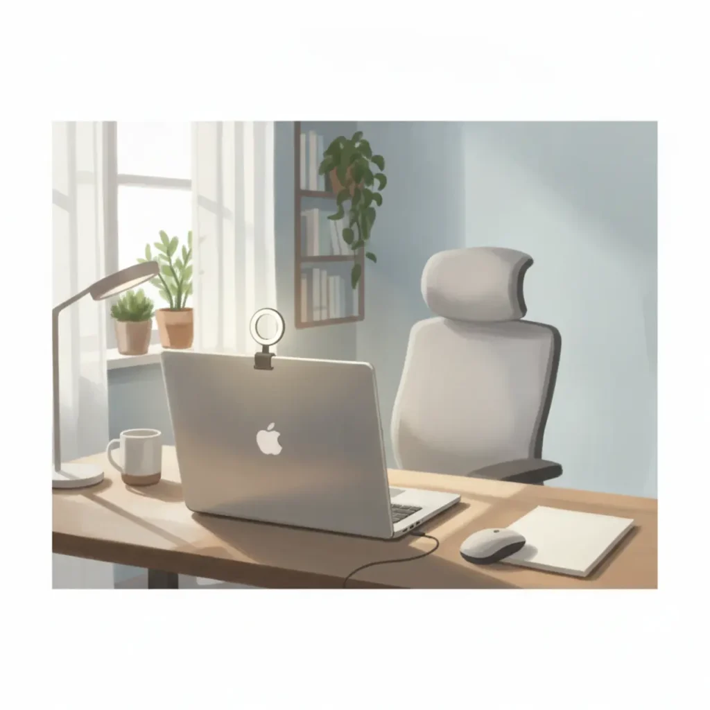 Een thuiswerkplek met een laptop en een ringlamp voor betere belichting tijdens videobellen