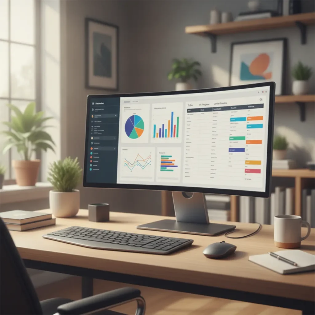 Een overzichtelijke thuiswerkplek met een computerscherm waarop zakelijke grafieken en een CRM-dashboard te zien zijn.