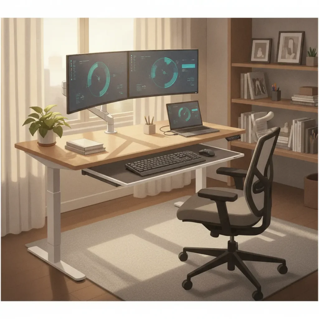 Een ergonomische werkplek met een uitschuifbare toetsenbordlade onder een in hoogte verstelbaar bureau.