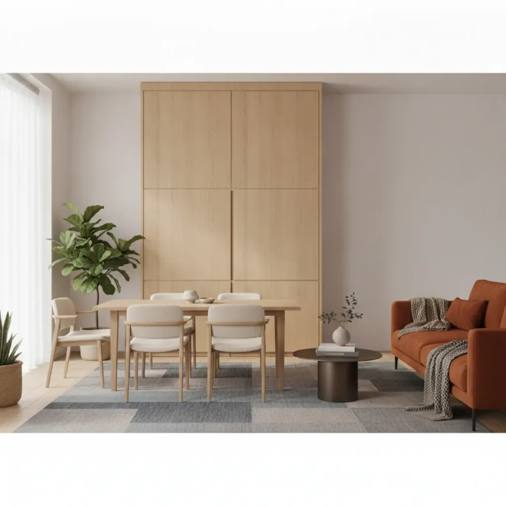 Een stijlvolle woonkamer waar de thuiswerkplek en schermen onopvallend zijn weggewerkt in het interieur.