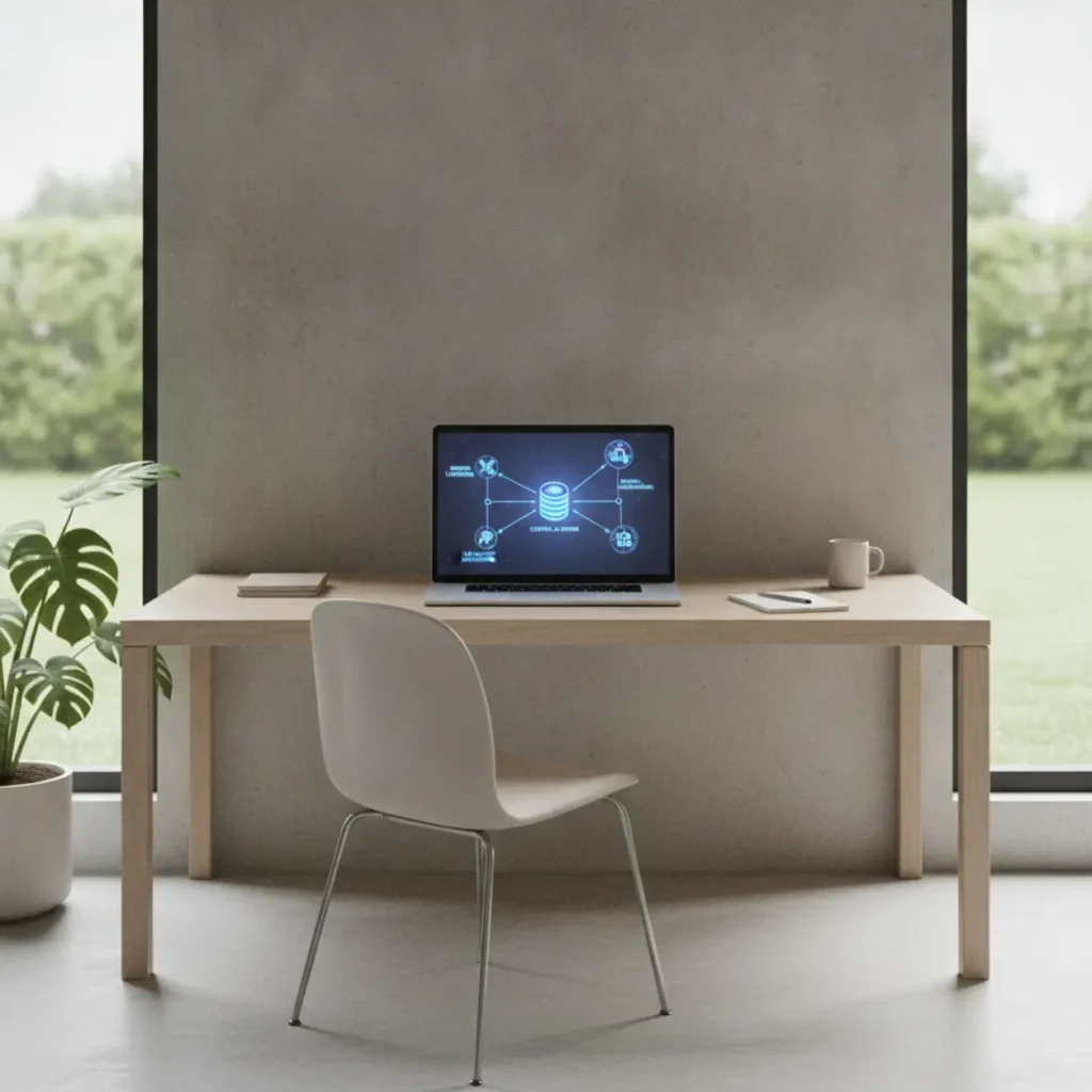Een netwerkschema dat verschillende AI-knooppunten verbindt met een centrale server op een laptopscherm.